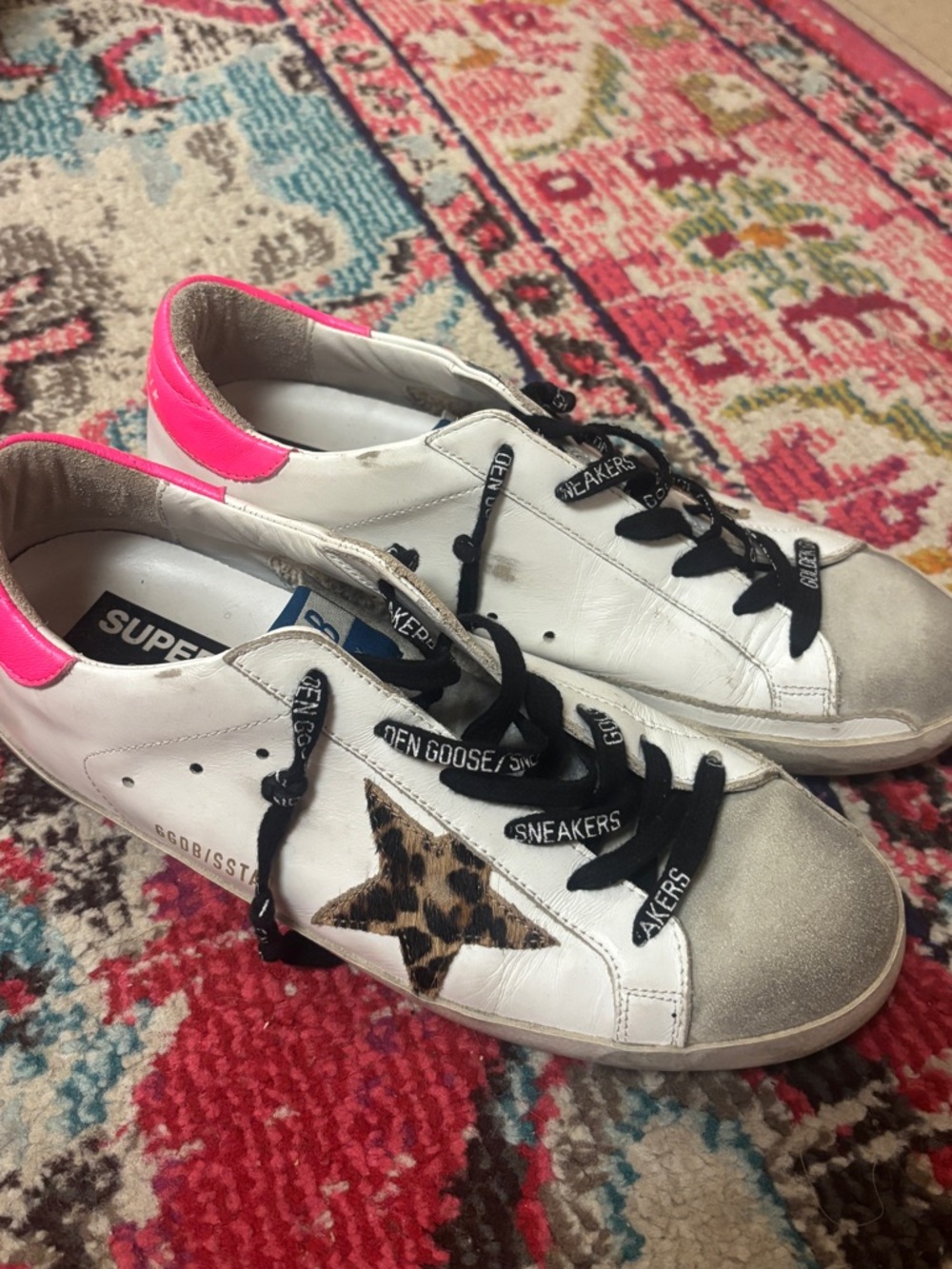 Golden Goose White Leather Sneaker with Pink Heel and Leopard Star - Picture 2 of 5